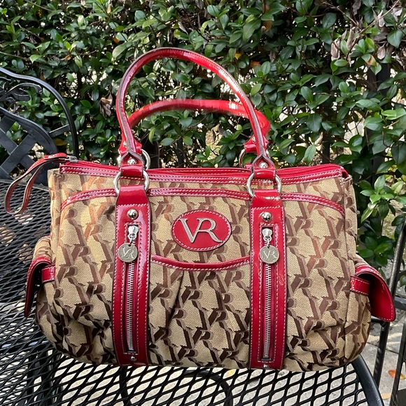 Gorgeous Red & Tan Silver Hardware & Zippers Double Handle Victoria Roberts Bag! - Picture 13 of 16